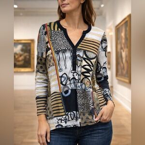 Dolcezza Abstract Print Long Sleeve Top Size M  Artistic Patchwork Blouse